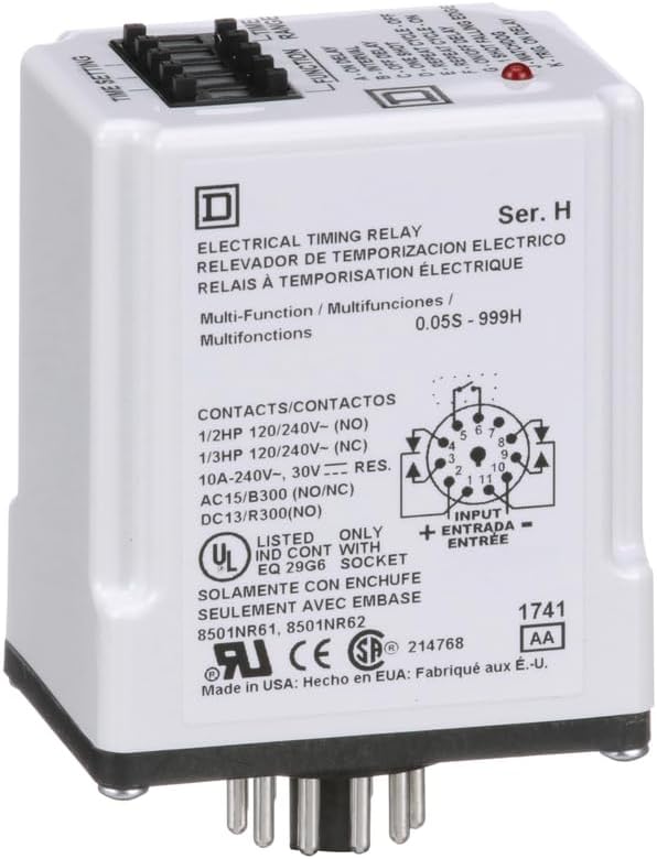Schneider Electric Square D Harmony Timer Relay, 9050 JCK, Multifunction, Programmable, 0.5 Second to 999 Hours, 10A, 240V AC, 24V AC/DC
