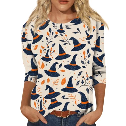 Image of Women Spooky Halloween Graphic Shirt 3 /4 Length Sleeve Crewneck Top | Halloween Funny Printed Pumpkin Plus Size Tshirts 2026 Fall Outfits Skeleton Tee Going Out Tops
