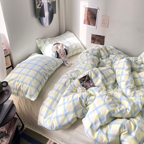 Image of EAVD Buffalo Plaid Duvet Cover Queen Soft Washed Cotton Bedding Set Yellow Blue Grid Checkered Bedding Set with 2 Pillowcases Vintage Style Gingham Duvet Cover with Zipper Closure