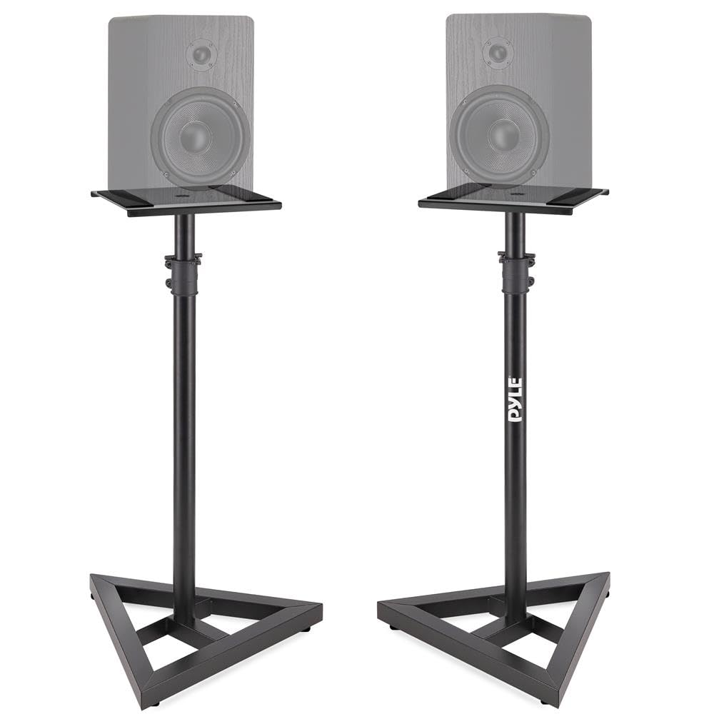 Pyle Supporto per altoparlanti, regolabile in altezza 66-132 cm, supporto universale per altoparlanti, base triangolare stabile, picchetti da pavimento, supporto per monitor da studio, portata 40 kg