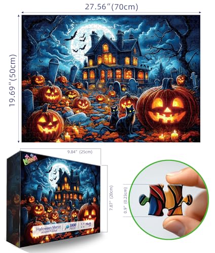 Image of Halloween Haunted House 1000 Piece Jigsaw Puzzle for Adults - Spooky Night Graveyard Scene Challenging 1000-Piece Puzzle for Adults & Teens - Premium Quality with Reference Poster