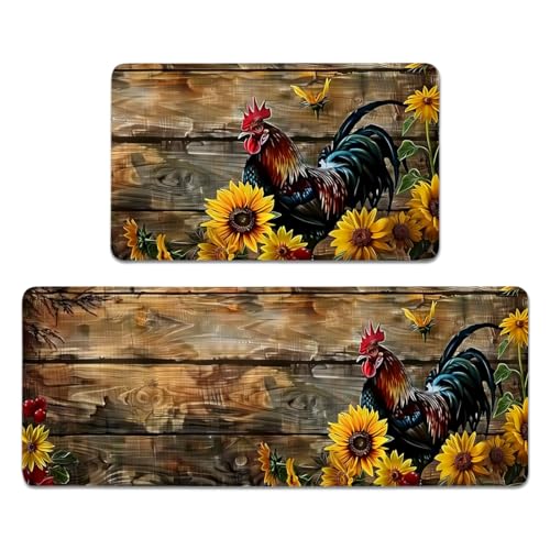 YWZDS Rooster Kitchen Rugs Set of 2, Country Farmhouse Style Sunflower Kitchen Mats with Rubber Backing Non Skid Washable, Chicken Kitchen Decorations (17