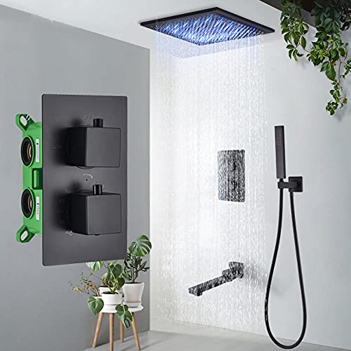 Aioneer Grifo De Ducha Termostático Negro para Baño, Cabezal De Ducha Tipo Lluvia De 20 Pulgadas, Mezclador De Bañera para Montaje En Techo, Juego De Ducha De Baño D,Ceiling 20 inch-3way