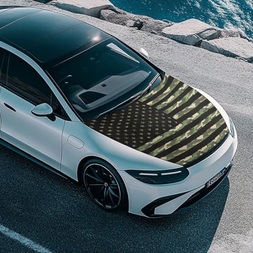 Image of Car Hood Cover Elastic Fabrics Waterproof Dustproof Auto Hood Decoration and Protection Removable Automotive Accessories for Vehicle Sedans, Camo Flag