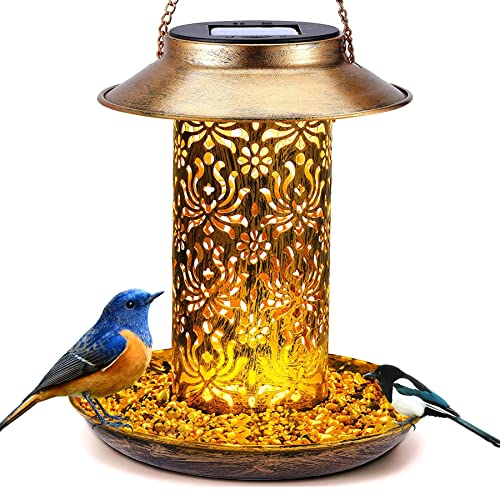 Mangeoire à Oiseaux à Suspendre Avec Solaire Lampe, Mangeoire Oiseaux Exterieur en Métal Pour Oiseaux Sauvages, Jardin, Cour, Décoration, Résistante Aux Intempéries Cover