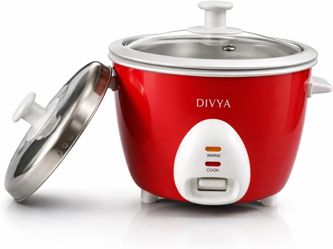 1.0 L Drum Electric Rice Cooker for Home | 400 W | Double Pot Anodised Aluminium | Glass & Stainless Steel Lid | Cook & Keep Warm Function | Compact Rice Cooker | Red