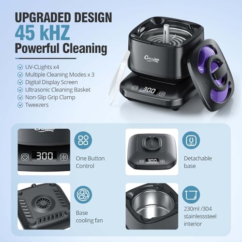 Image of Ultrasonic Retainer Cleaner, Detachable 45kHz Retainer Cleaner Machine 3 Modes Dental Cleaning Pod with Visible Window Digital Timer for Mouth Guard, Dentures, Aligner, Braces, Jewelry - Black