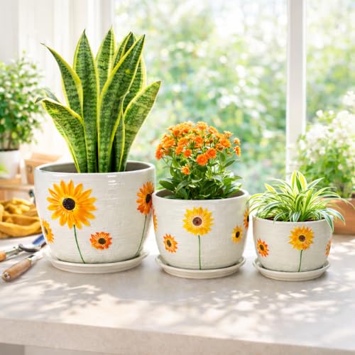 Image of Xtore Charming Sunflower Ceramic Planter Pots Set of 3 with Drainage Trays for Home & Garden Decor l Flower Pots for Indoor Plants, Balcony, Living Room & Office Styling (Multicolor)