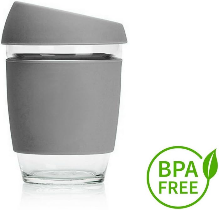 New Design 2018 Reusable Glass Coffee Cup -12oz - Eco-Friendly - BPA Free - Espresso,Tea, Mug with Silicone Sleeve & Cover Lid- Environmentally Conscious - Dishwasher and Microwave Safe (Gray)