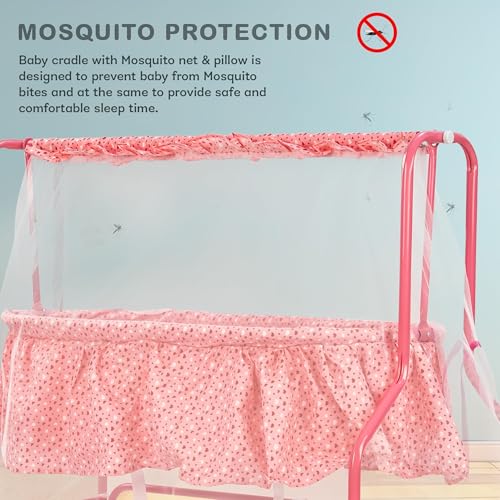 Image of BAYBEE Enchant Baby Swing Cradle for New Born with Mosquito Net, Lock Swing & 360 Rotating Wheels | Jhula Palna for Infants Boys Girls | Pink
