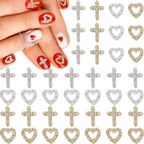 40 Pièces Deco Strass Ongle Nail Art, RYIRXI Decoration Bijoux Ongles Nail Art Charms Strass 3D Diamant Doré Argenté Croix Coeur