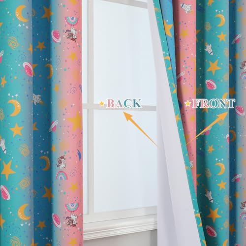 Image of Pink Teal and Blue Star & Moon Blackout Curtains for Girls Bedroom,38Wx72L