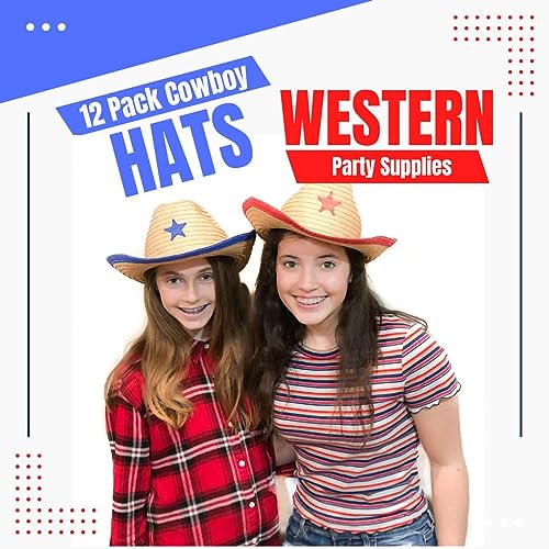 Podzly Kids Western Cowboy Hats - 12 Pieces with Sheriff Star, for Boys and Girls Parties, Costumes, Birthdays (Red and Blue)