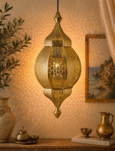 Image of Homesake Moroccan Orb Hanging Lamp Pendant Light for Home Decor|Vintage Ceiling Light Fixture Cutwork Design|Ambient Lighting for Living Room,Bedroom,Dining Room, Ramadan Decorations for Home(Golden)