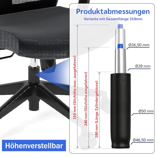 Gasdruckfeder Bürostuhl Gasdruckdämpfer belastbar bis 200kg - Druckfeder Gasfeder Gaslift für Bürostuhl, Drehstuhl, Hocker, Barhocker… – Ansicht 2