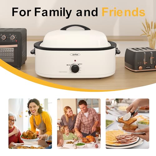 Sunvivi Roaster Oven with Self-Basting Lid,18 Quart Electric Roaster with Removable Pan & Rack,150-450°F Full-Range Temperature Control with Defrost/Warm Function,Stainless Steel,White