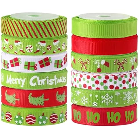 RINOLY 12 Rolls Christmas Ribbon for Gift Wrapping 3/8 Inch,60 Yards Christmas Grosgrain Ribbon for Crafts Holiday DIY Christmas Decorations Cover