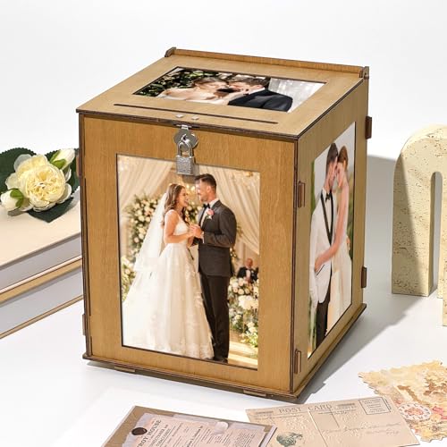 Image of OurWarm Wooden Wedding Card Box with Picture Frame, Large Gift Card Box for Wedding Reception, Rotatable Envelope Money Card Box for Party Graduation Birthday Baby Shower Wedding Decorations