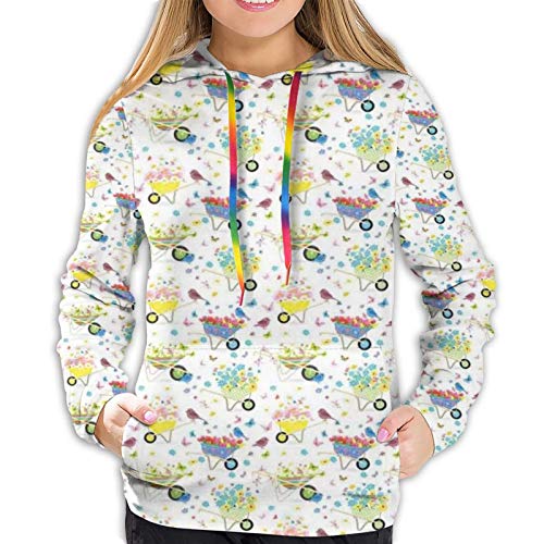 Women's Hoodies Sweatshirts,Rainbow Striped and Checkered Pattern Wheelbarrows Full of Wild Flowers and Birds XL