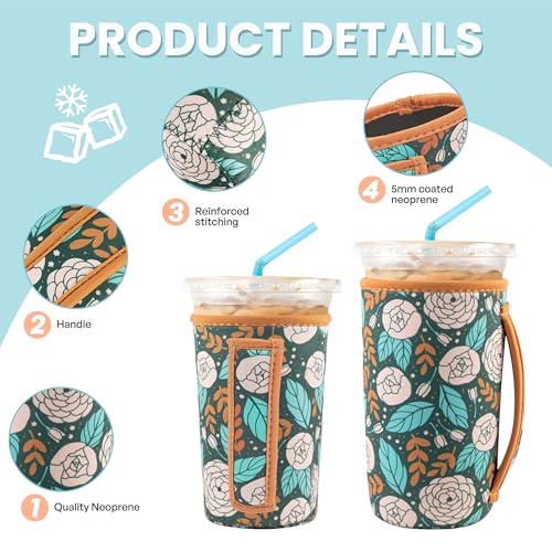 Image of KJQJLY 3 Pack Reusable Iced Coffee Sleeves for Iced Coffee Cups or Drinks Reusable Neoprene Insulated Sleeves for Hot and Cold Drinks from Starbucks, Dunkin, And More (Roses)