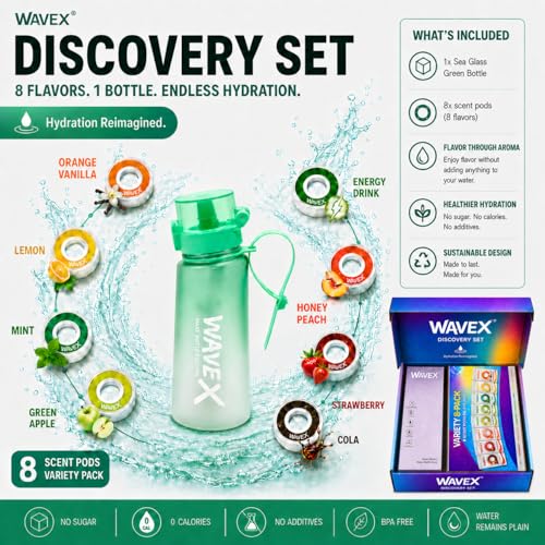 Image of WaveX Scented Water Bottle + 8 Aroma Scent Pods (Cola, Strawberry, Honey Peach, Energy Drink, Green Apple, Mint, Lemon, Orange Vanilla), Flip Top Lid, Straw & Carry Strap Included (Sea Glass Green)