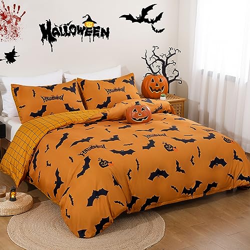Xruibed King Halloween Duvet Cover Set - Pumpkin Bat Orange Bedding with 2 Pillowcases - Funny Comforter Cover Set for Kids Teens - 104