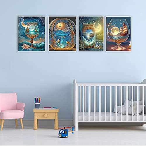 DCIDBEI 4 Pack Diamond Painting Palace 40x50 cm 5D Diamond Picture Art Adult Diamond Painting Seascape in Wine Glass Diamond Painting Landscape in Bottle Sailing Boat Starry Sky Moon Fish The Sea - Image 3