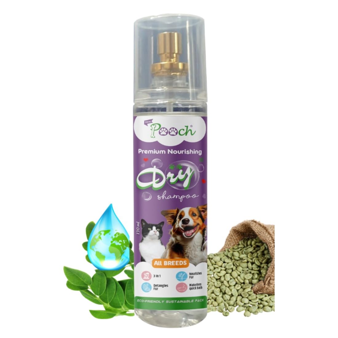 POOCH -Dog Dry Shampoo for Pets All Breeds | Pack of 1 (130ML) | Designed in Dubai-India 4 in 1 - Hydrates, Nourishes, Fresh Fragrance & Removes Dirt, Grime & Oil | Made with Natural Actives