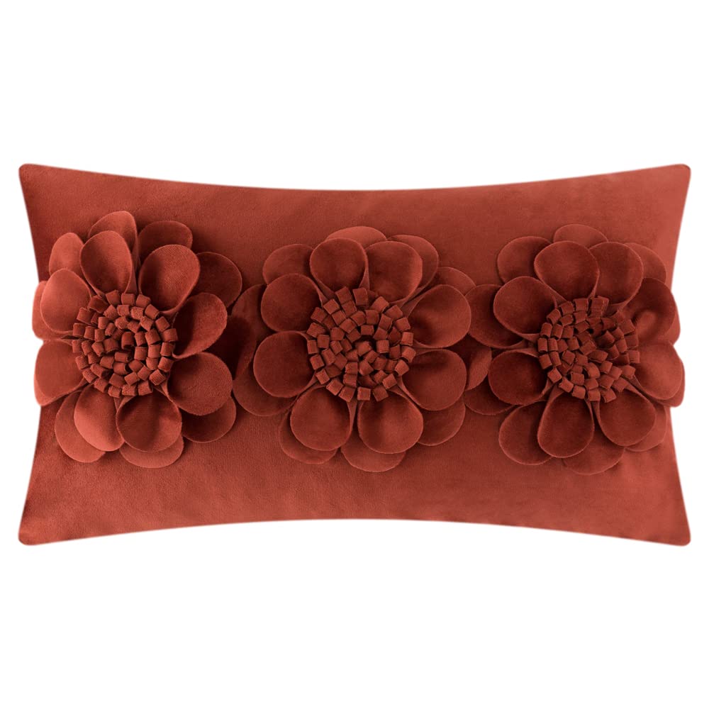JWH 3D Flower Throw Pillow Cover Decorative Sunflower Accent Velvet Cushion Lumbar Floral Pillowcase for Bed Sofa Couch Living Room 12x20 Inches Rust