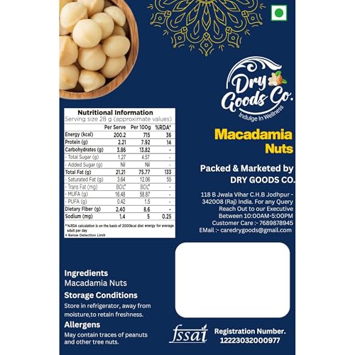 Image of Dry Goods Co. Premium Macadamia Nuts 100g | Jumbo Roasted & Salted Macadamia Kernels | Rich Buttery Taste | Healthy Snack | High in Fiber & Good Fats | Ready to Eat Gourmet Dry Fruits