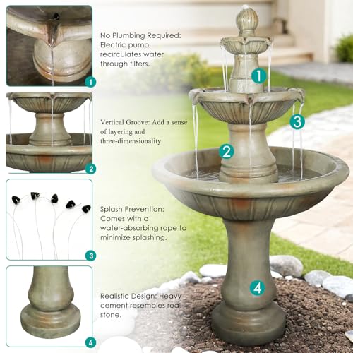Image of SunJet 51.5 inch High 3-Tiers Modern Concrete Outdoor Water Fountain - Round Large Outdoor Fountains and Waterfalls for Garden, Patio, Yard, and Deck Decor, Featuring Natural Stone Look