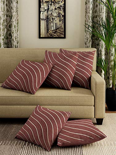 Dream Weaverz Designer Patch Work Cushion Covers for Sofa - Silk Fabric - (16"x16" Inches - Brown) - Pack of 5