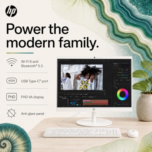 Image of HP 22 inch FHD All-in-One Desktop Computer, 16GB RAM, Quad-Cores Intel N100, Windows 11, 128GB Storage, Office 365 for Web, Keyboard & Mouse Included, White