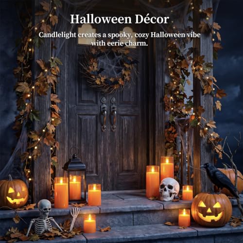 Image of Homemory Orange Flameless Candles Realistic Flickering with Remote for Fall | Halloween Candles Battery Operated with Timer, LED Fake Electric Pillar Candles for Home, Holiday Decor, Set of 3