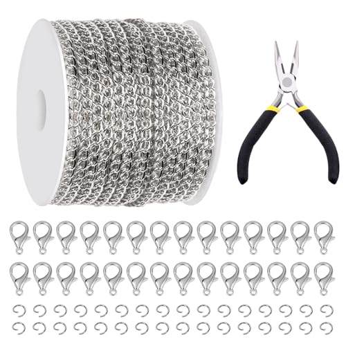 Glarks 102pcs 30ft Jewelry Chain set chaîne à maillons blancs rouleau de chaîne torsadée en vrac avec fermoir homard et anneau de saut