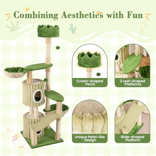 Árbol para gatos verde de 63 pulgadas con 2 cabañas y rascador miniatura 7