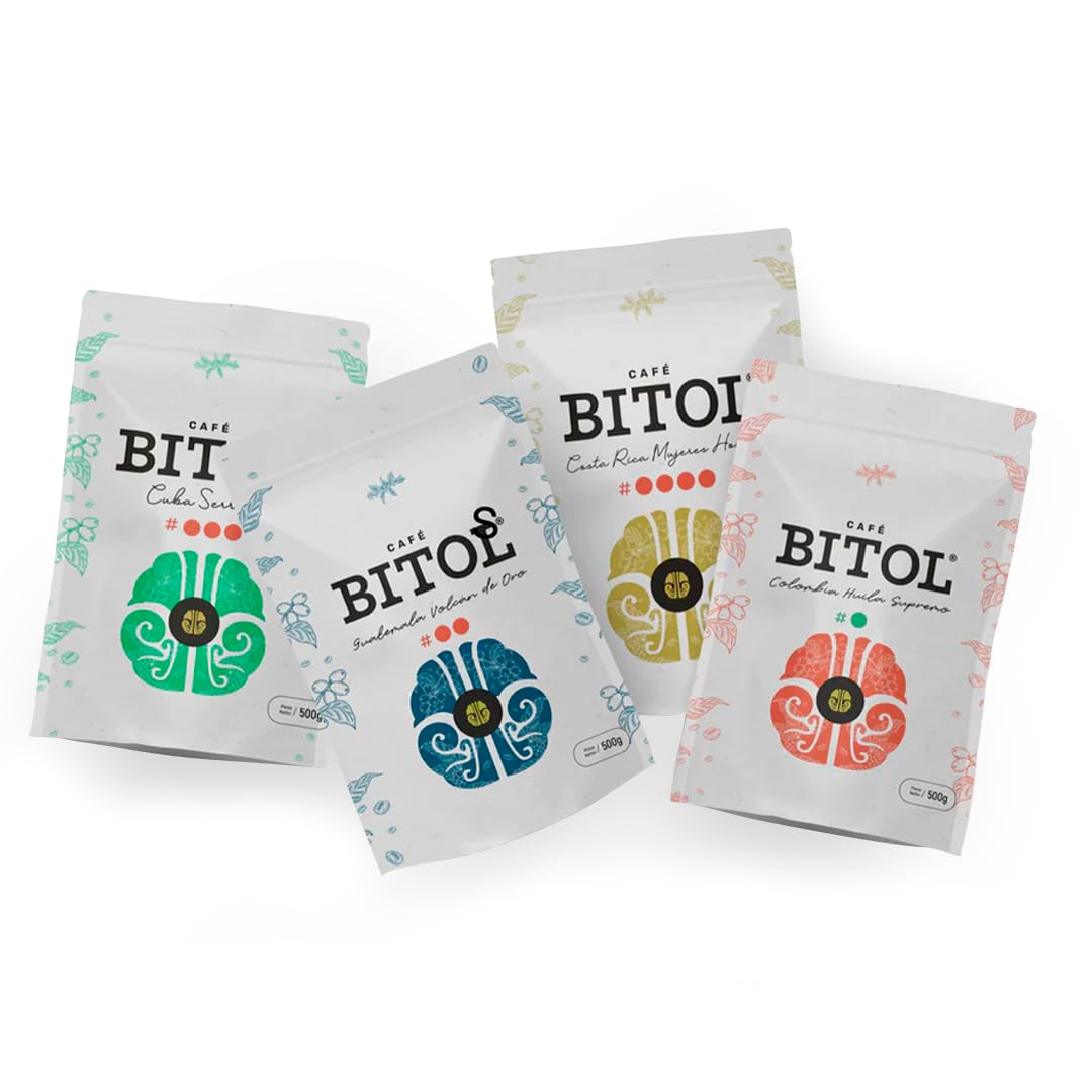 Café Bitol Super Pack | 2 kg de Café | Especialidad de Origen Único | 4 Variedades Premium: Colombia Huila Supremo, Costa Rica Mujeres Honey, Cuba Serrano y Guatemala Antigua | Alta Cata