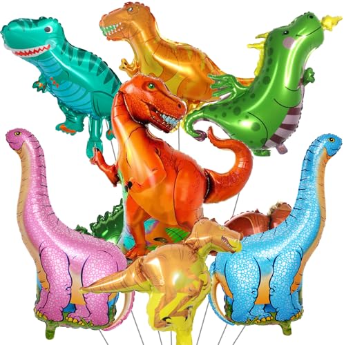 Image of Dinosaur Foil Balloons Set (12-50 in), 7 Pieces Large Dinosaur Aluminum Mylar Balloons for Kids, Giant Cute Birthday Dino Party Decorations for Boys Jungle Dino Theme Baby Shower Decor Supplies