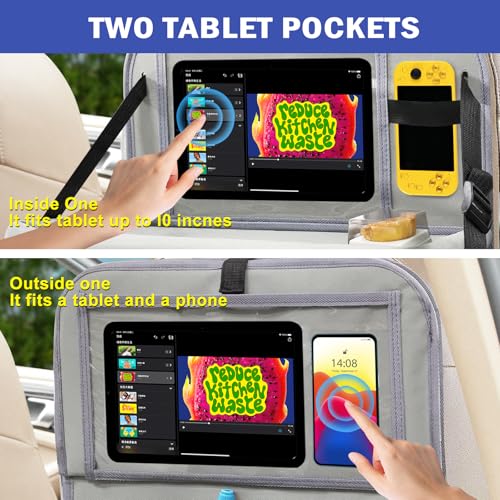Image of 2Pack Car Backseat Organizer with Foldable Table Tray,6 Storage Pockets Car Storage Organizer with Tablet Holder,Car Seat Back Protectors Kick Mats Travel Accessories (Grey)