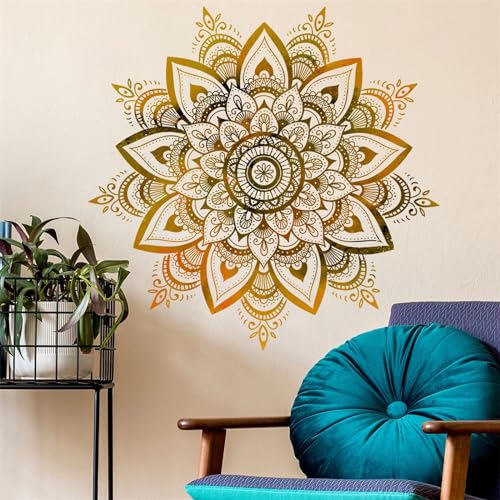 Sacred Golden Mandala Large Wall Stickers, sacinora Boho Mandala Indian Namaste Flower Wall Decals Datura stramonium Removable Vinyl Peel and Stick for Living Room Bedroom Sofa TV Background Art Decor
