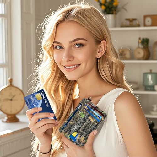 Ultra-Thin Front Pocket Wallet with Wrist Strap, RFID Blocking Security Pockets for Business Card Holder, PU Leather Secure Multi-slot Card Pocket, Camo Tree2