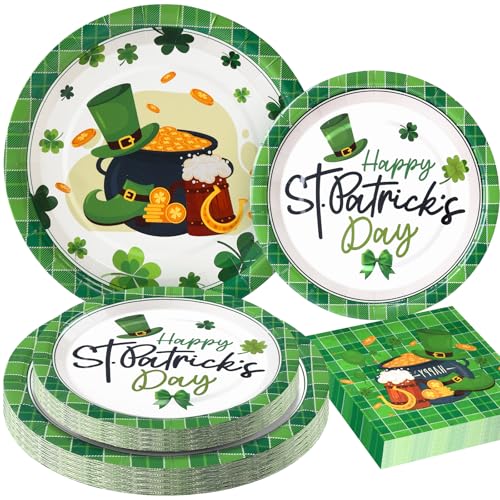 Cheery Land St Patricks Day Plates and Napkins Sets - Green St Patricks Day Disposable Plates for Party Supplies - Serves 25 - For Saint Day Party Decorations