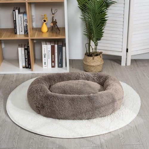 Domarex Weiches rundes Hundebett 110 cm XXL - Flauschiges Katzenbett mit hohem Rand - Shaggy Haustierkissen mit Silikonfüllung - gemütliches Anti-Rutsch - Schlafplatz für Hunde & Katzen - Beige