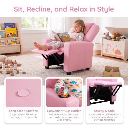 Image of 23 inch W PU Leather Recliner Chair with Cup Holder and Recline, Pink | Mini Recliner Chair Comfort with Adjustable Footrest & Backrest, Youth Boys Girls Recliner for Reading, Gaming, TV, Lounging