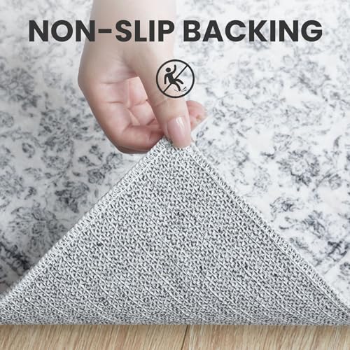 2x6 Grey Blue White Washable Runner Rug for Kitchen, Soft Neutral Vintage Kitchen Rugs with Non-Slip, Non-Shedding Distressed Floral Rug for Entryway Hallways Laundry Indoor Bedroom