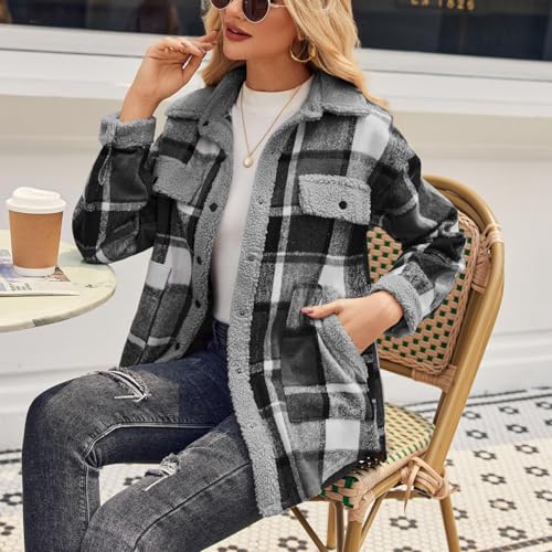 Flannel Shacket Women Plaid Jacket Fleece Sherpa Shackets Button Down Collared Jackets Fall Winter Warm Coats2