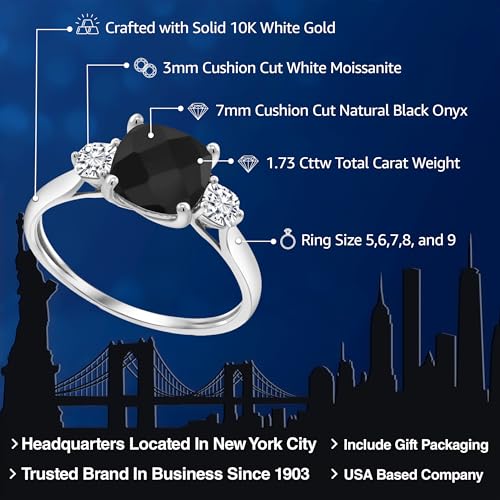 Gem Stone King 10K White Gold Black Onyx and White Moissanite 3 Stone Engagement Ring For Women (1.73 Cttw, Cushion Checkerboard 7MM, Gemstone December Birthstone)3