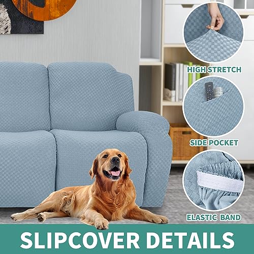 Image of YEMYHOM 4 Pieces Stretch Recliner Slipcover Jacquard Recliner Chair Cover with Side Pocket Anti-Slip Fitted Recliner Cover Couch Furniture Protector with Elastic Bottom (Recliner, Light Blue)