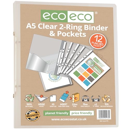 eco-eco A5 65% Recycled Clear Presentation Ring Binder with 12 Multi Punched Pockets, Pack of 2, eco173x2 - Image 2