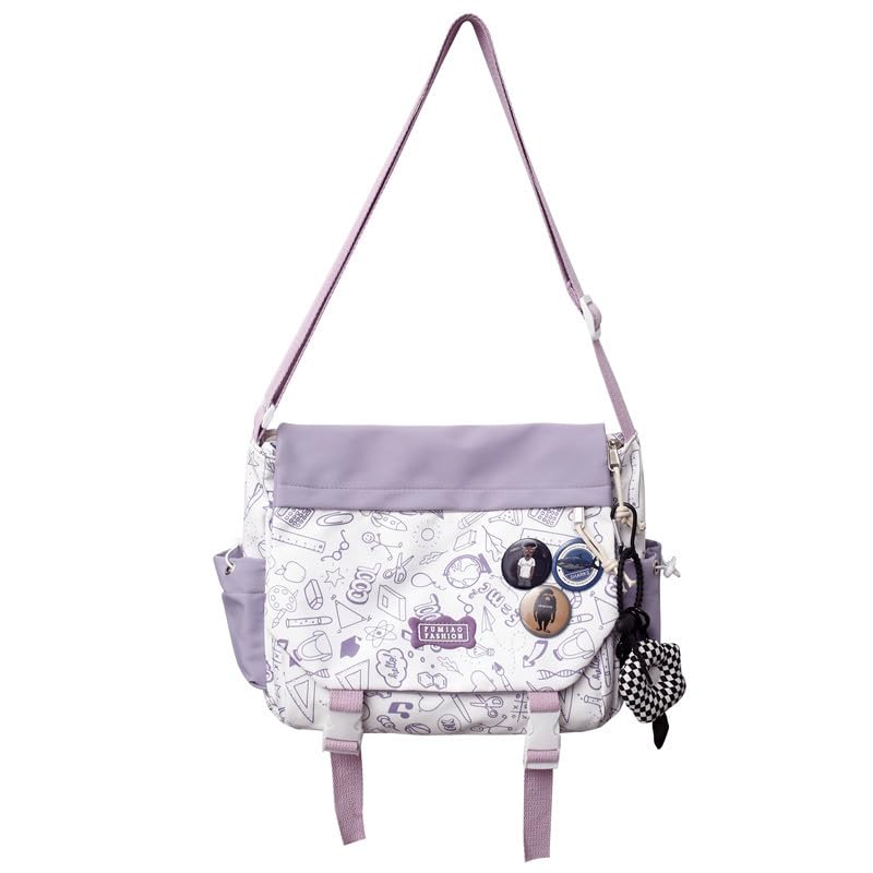 Inshere Bolso cruzado estético, bonito bolso de mensajero para mujeres y hombres, Y2K japonés Kawaii bolsa con bonitos pines y adorno, Graffiti-morado, Small